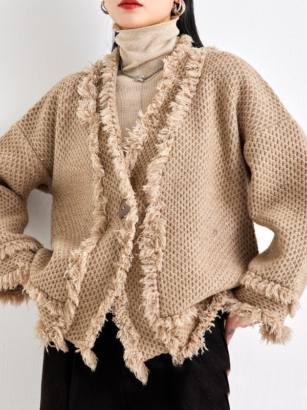 V-Neck Fringe Button-Detail Long-Sleeve Cardigan