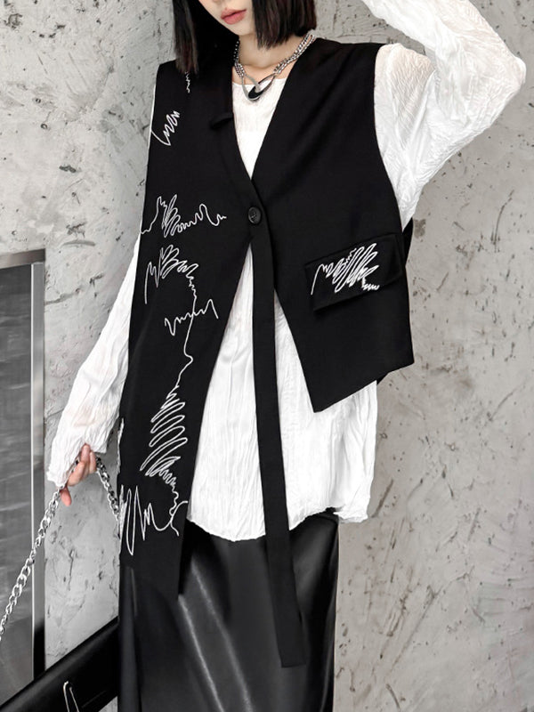 V-Neck Embroidered Asymmetric Button-Detail Vest