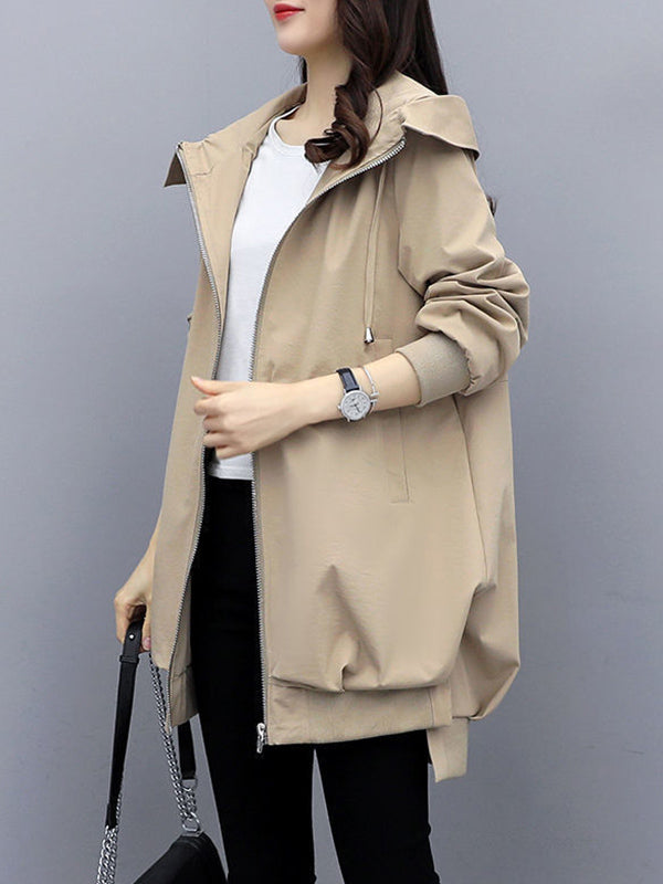 Hooded Pleated Zip Long-Sleeve Jacket