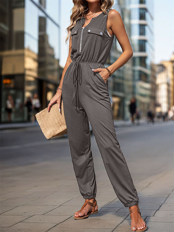 V-Neck Zip Sleeveless Jumpsuit