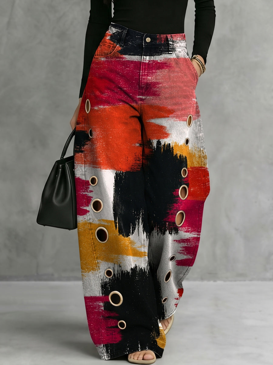 Printed Wide-Leg High-Waist Pocket Pants