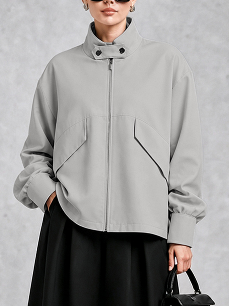 Stand-Collar Zip Long-Sleeve Relaxed Jacket