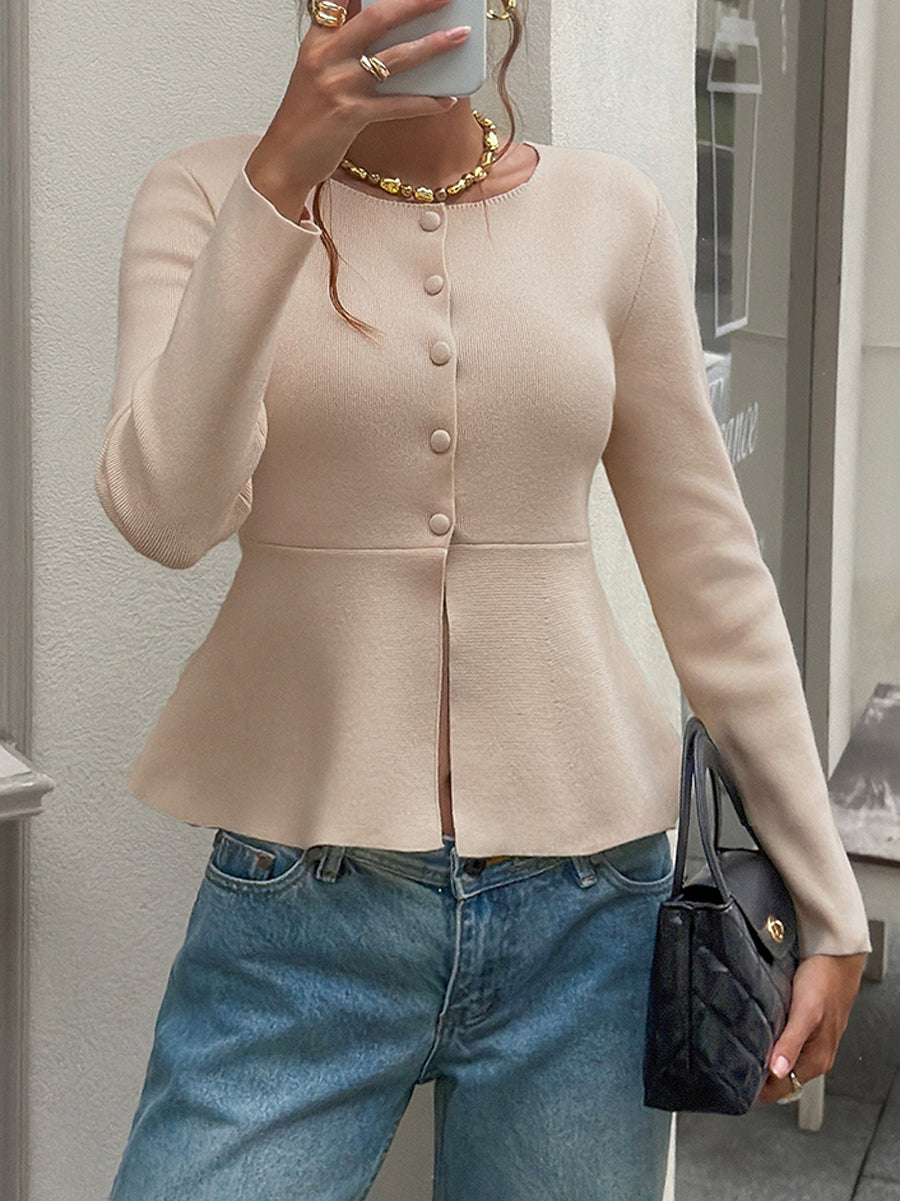 Round-Neck Button-Detail Long-Sleeve Cardigan