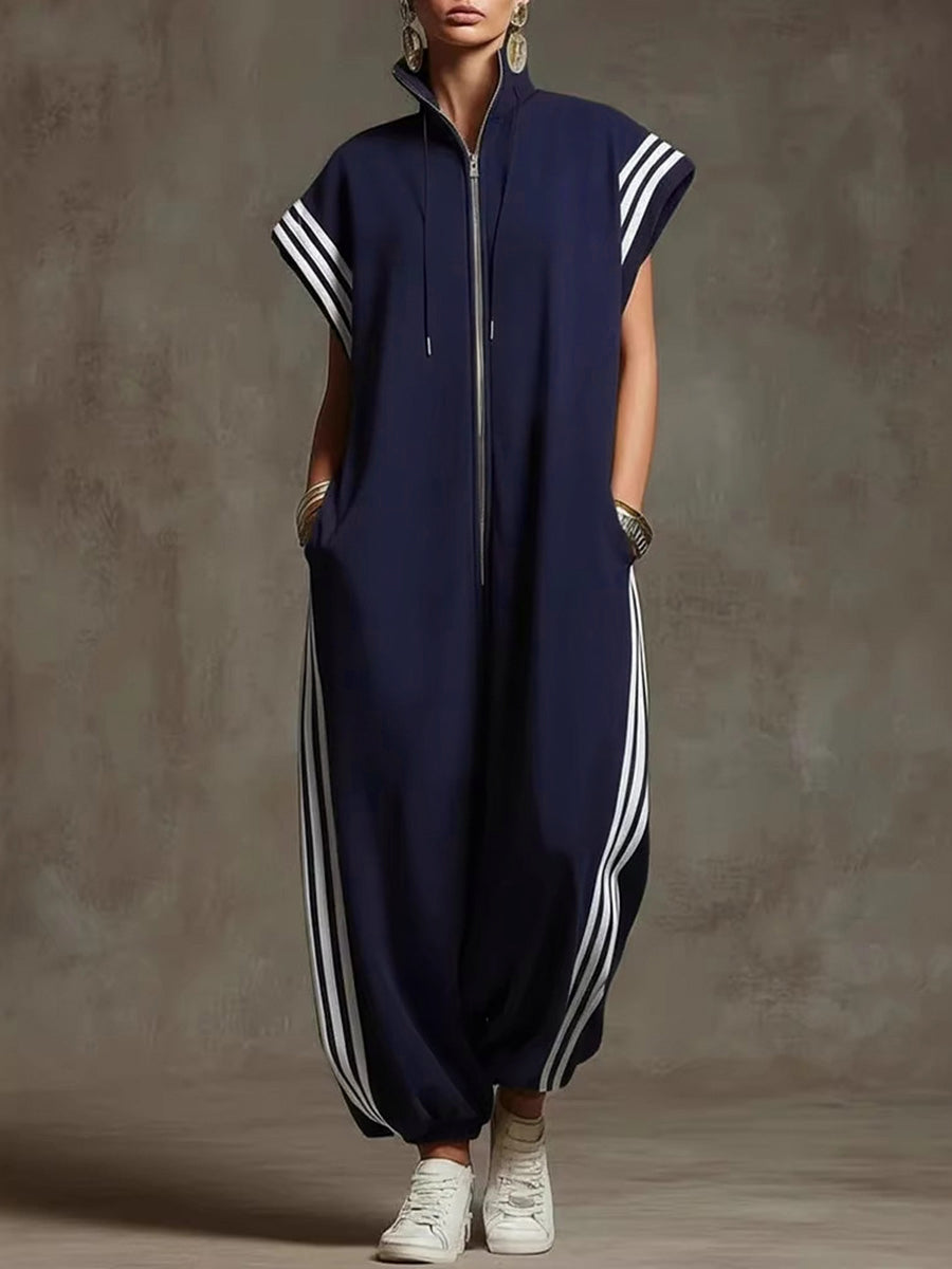 Striped Plus Size Stand-Collar Zip Jumpsuit