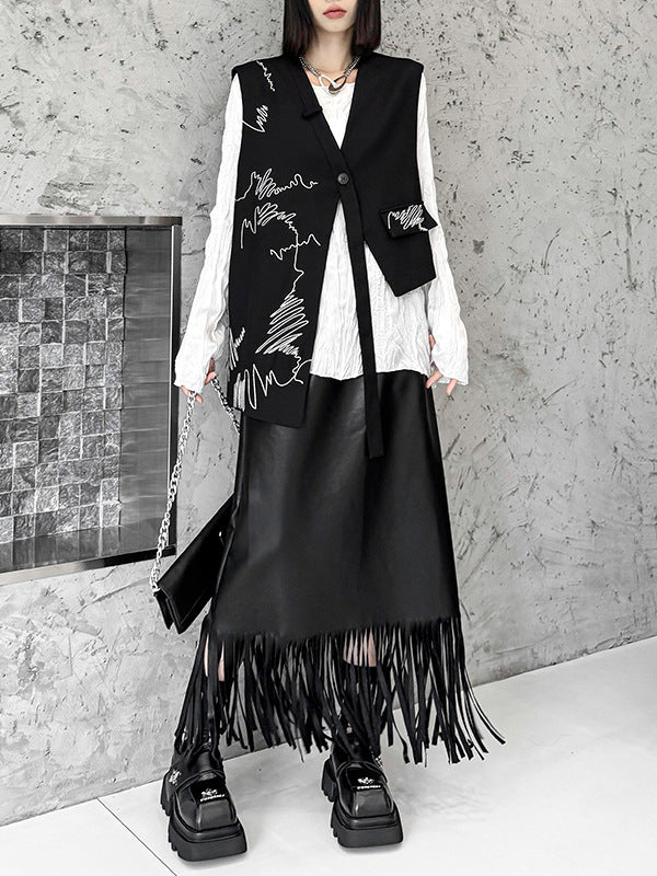 V-Neck Embroidered Asymmetric Button-Detail Vest