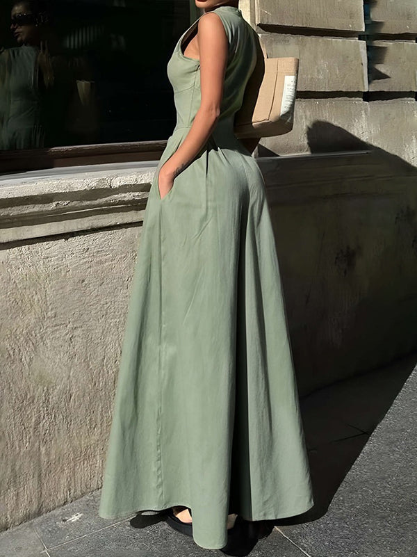 High-Waist V-Neck Zip Pocket Jumpsuit