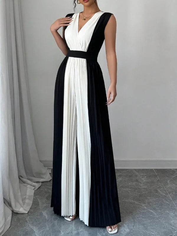 High-Waist V-Neck Pleated Relaxed Jumpsuit