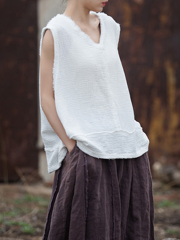 V-Neck Pleated Fringe Sleeveless Vest