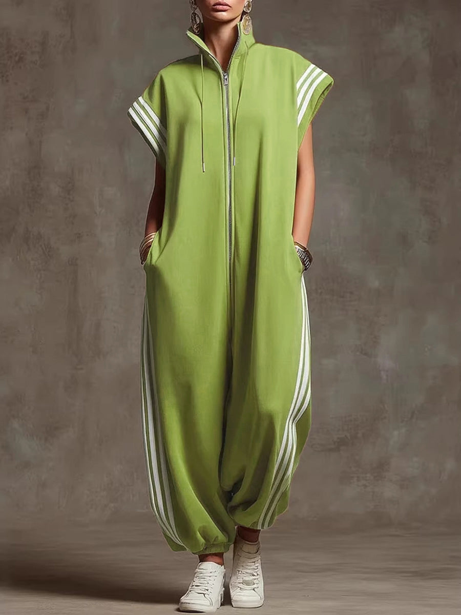 Striped Plus Size Stand-Collar Zip Jumpsuit