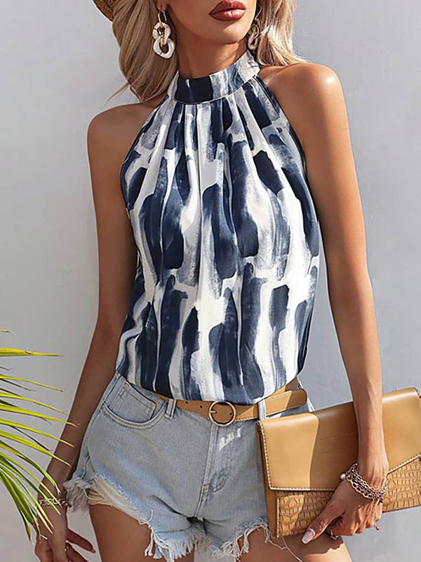 Halter-Neck Pleated Sleeveless Cut-Out Vest