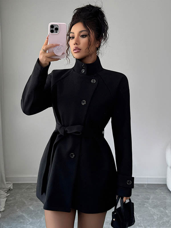 High-Waist Stand-Collar Asymmetric Button-Detail Jacket
