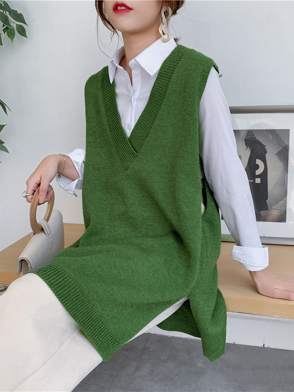 Knit V-Neck Side-Split Sleeveless Vest