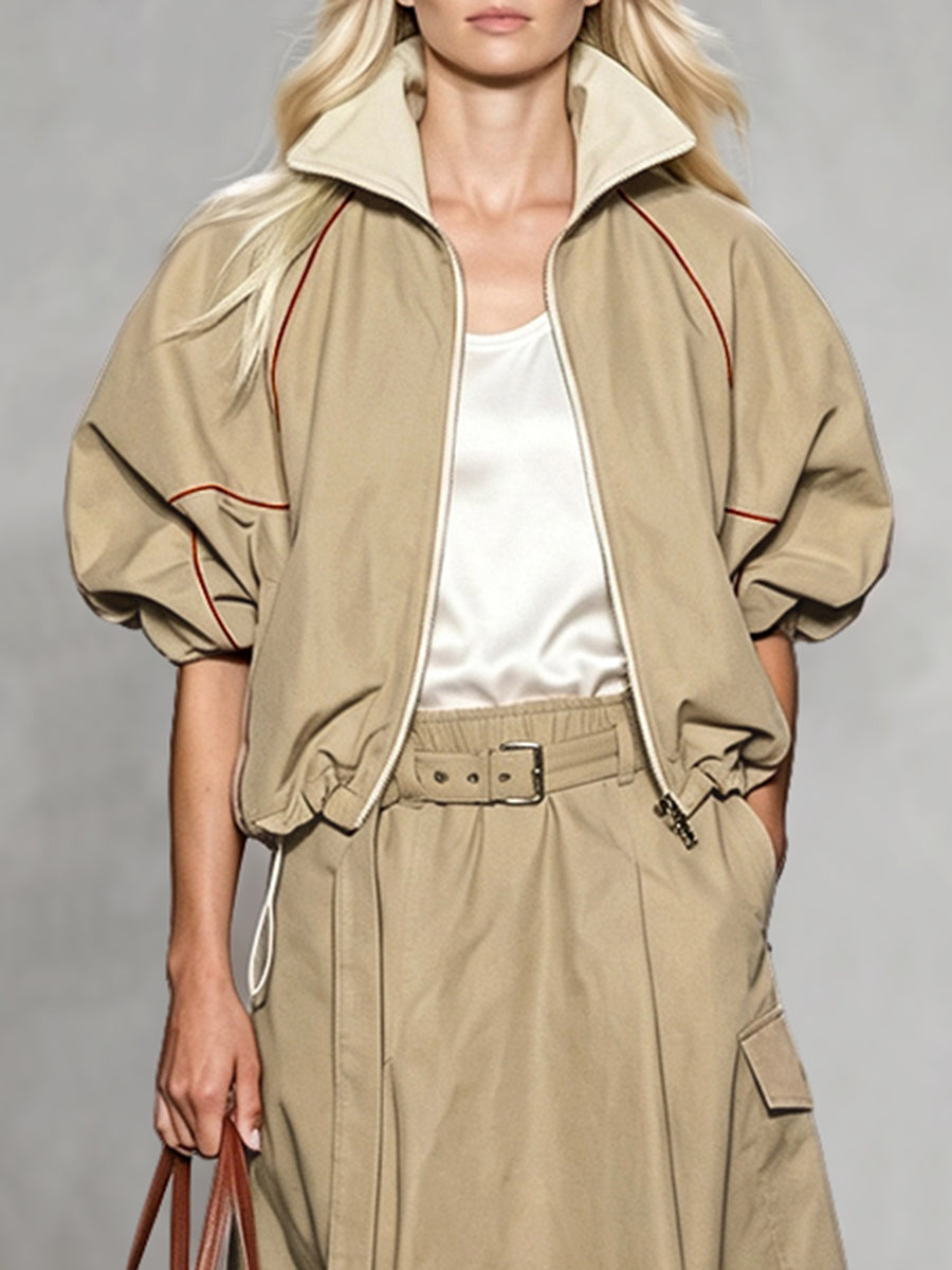 Drawstring Zip Relaxed Contrast Jacket