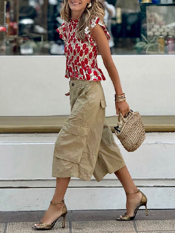 Wide-Leg Cropped Button-Detail Pocket Pants