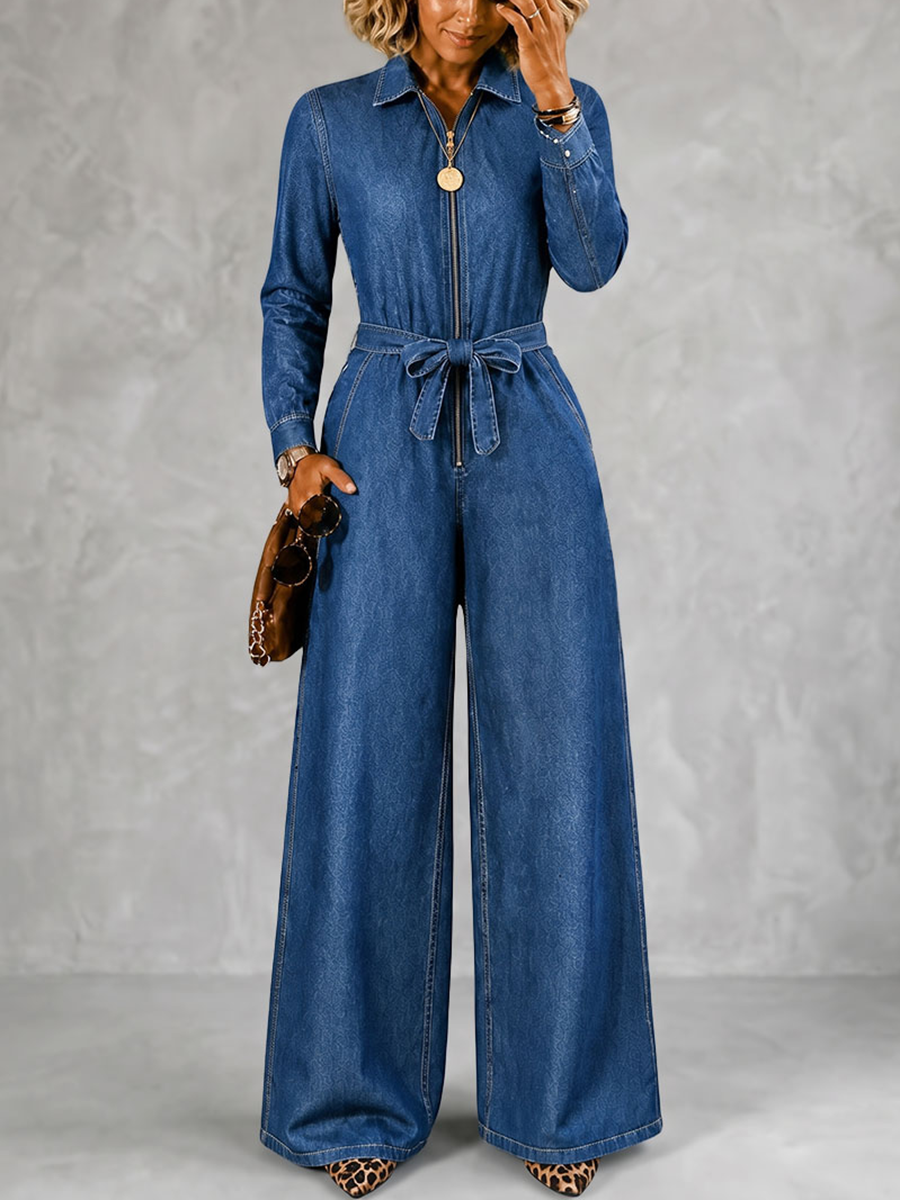 Wide-Leg Zip Pocket Long-Sleeve Jumpsuit