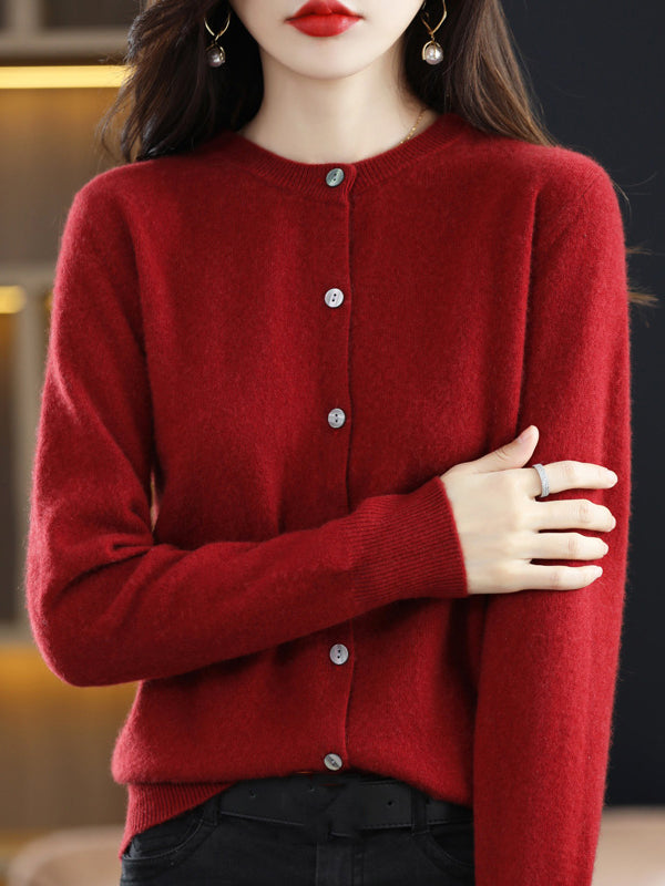 Knit Round-Neck Button-Detail Long-Sleeve Cardigan
