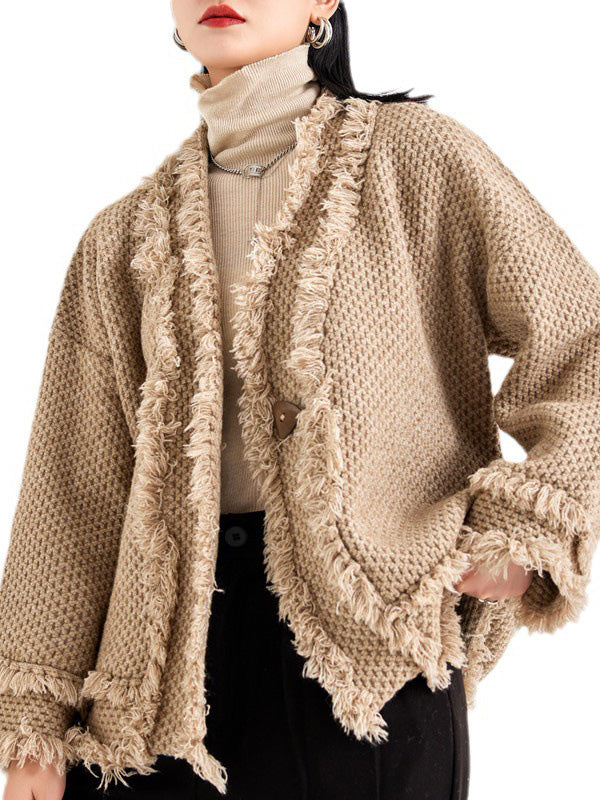 V-Neck Fringe Button-Detail Long-Sleeve Cardigan