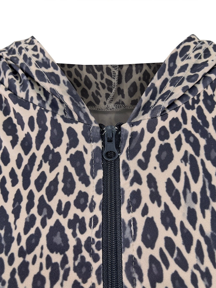 Leopard Print High-Waist Hooded Pleated Jumpsuit