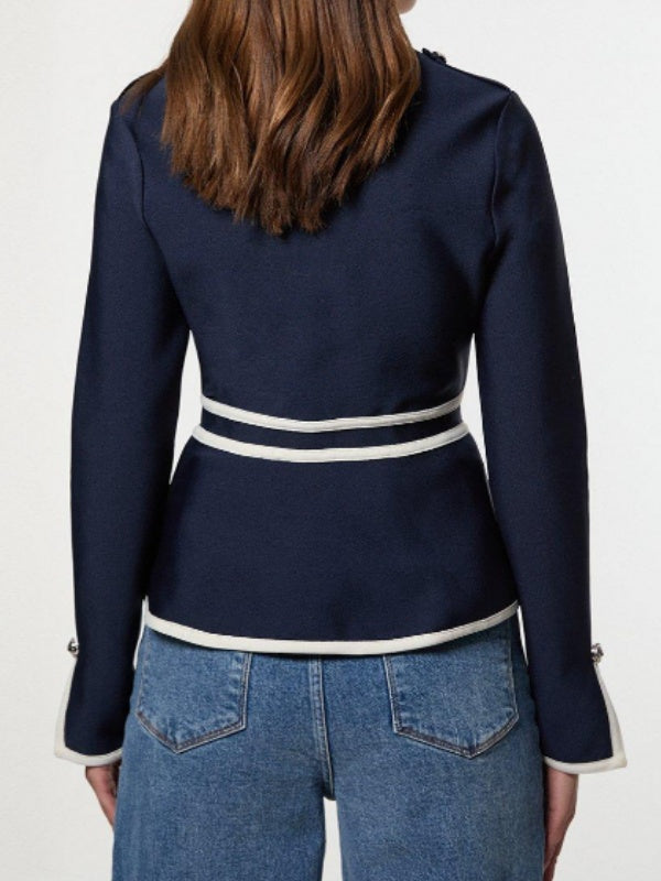 Round-Neck Button-Detail Zip Side-Split Jacket