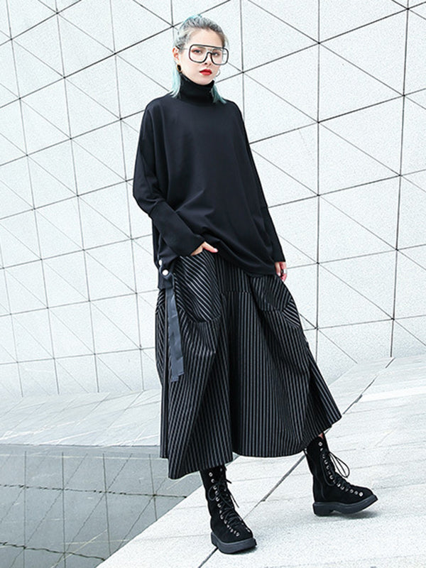 Striped High-Waist Pocket Elastic Culottes
