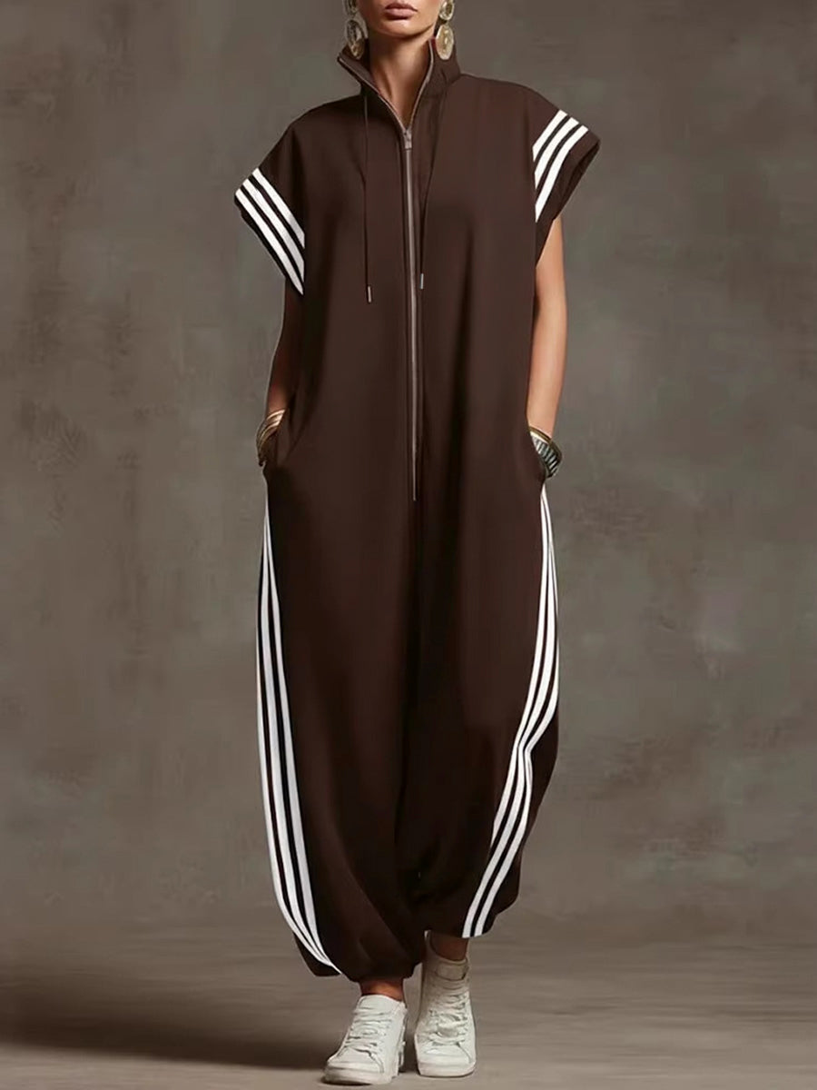 Striped Plus Size Stand-Collar Zip Jumpsuit