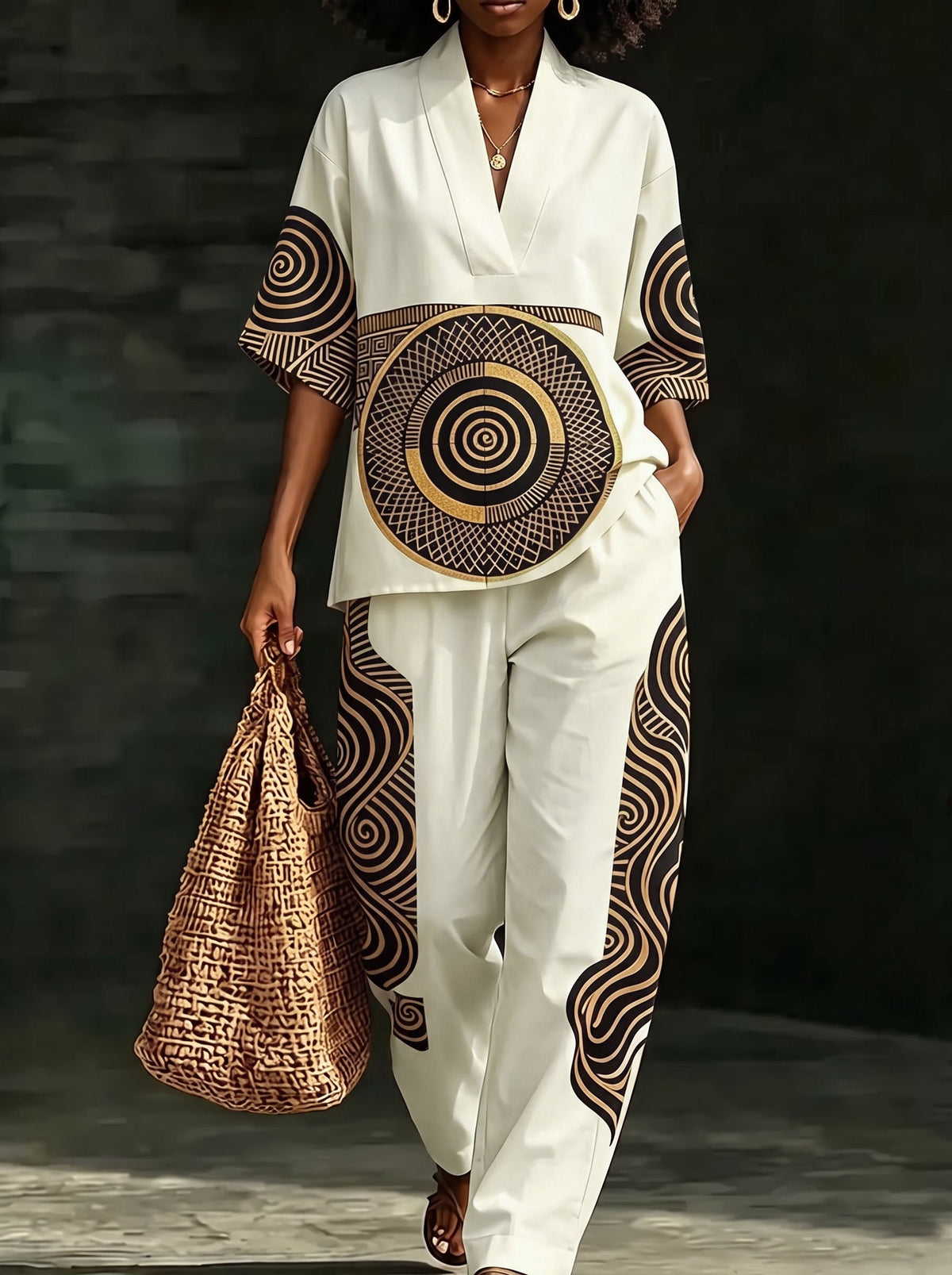 Printed Wide-Leg Pocket Elastic Pants