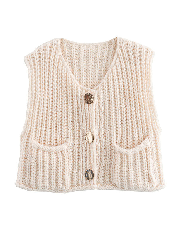 V-Neck Button-Detail Pocket Sleeveless Vest