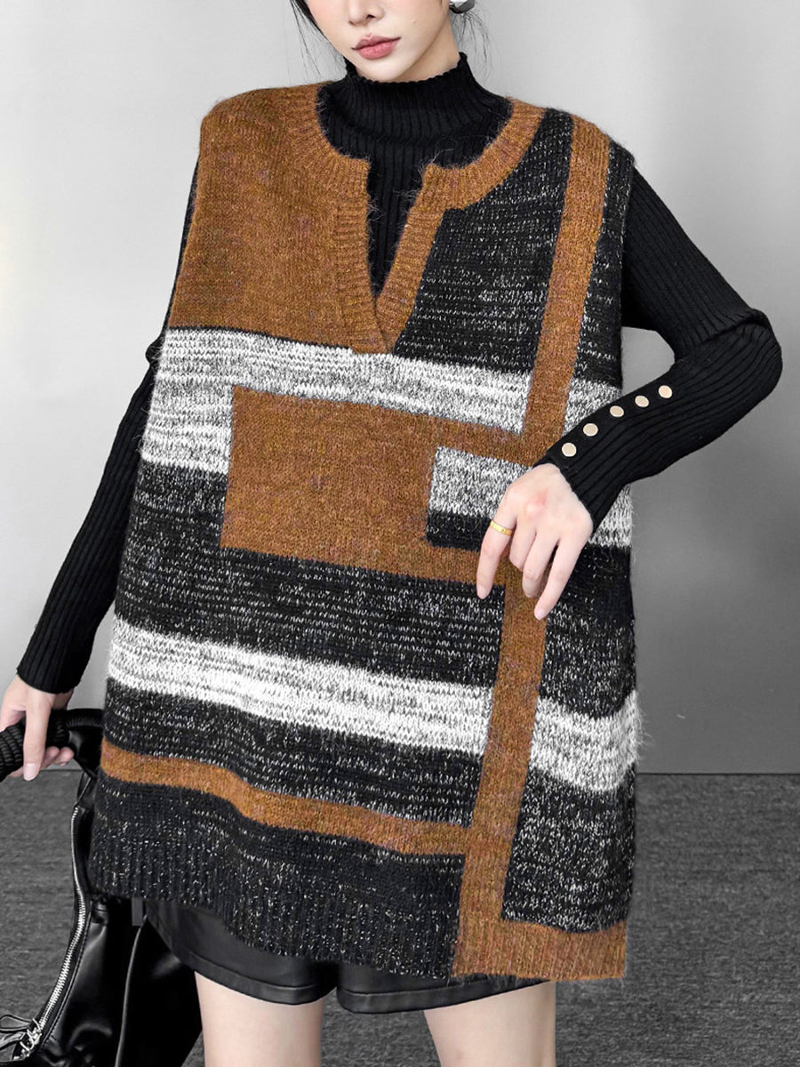 Striped V-Neck Sleeveless Geometric Vest