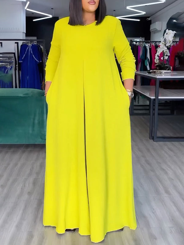 Wide-Leg Round-Neck Pocket Relaxed Jumpsuit