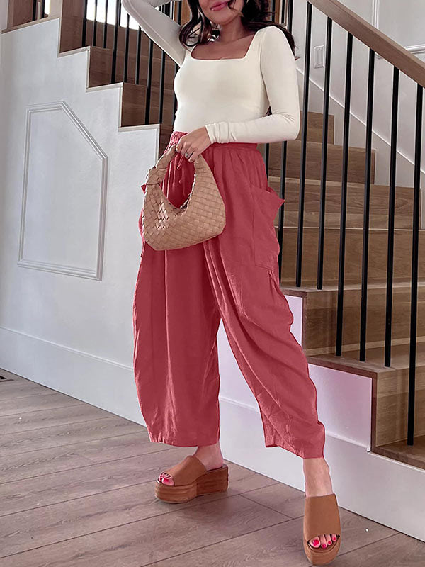 High-Waist Pleated Drawstring Pocket Pants