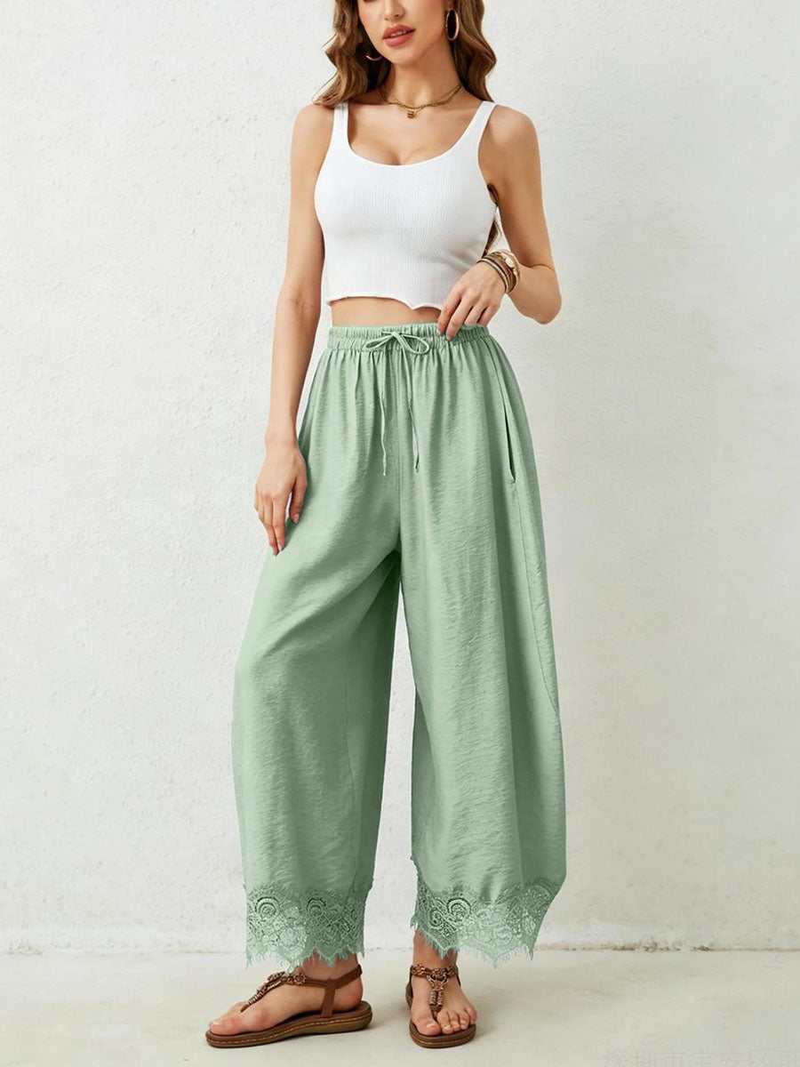 Wide-Leg Drawstring Pocket Elastic Pants