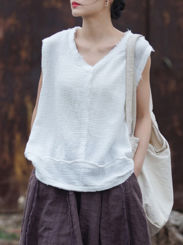 V-Neck Pleated Fringe Sleeveless Vest