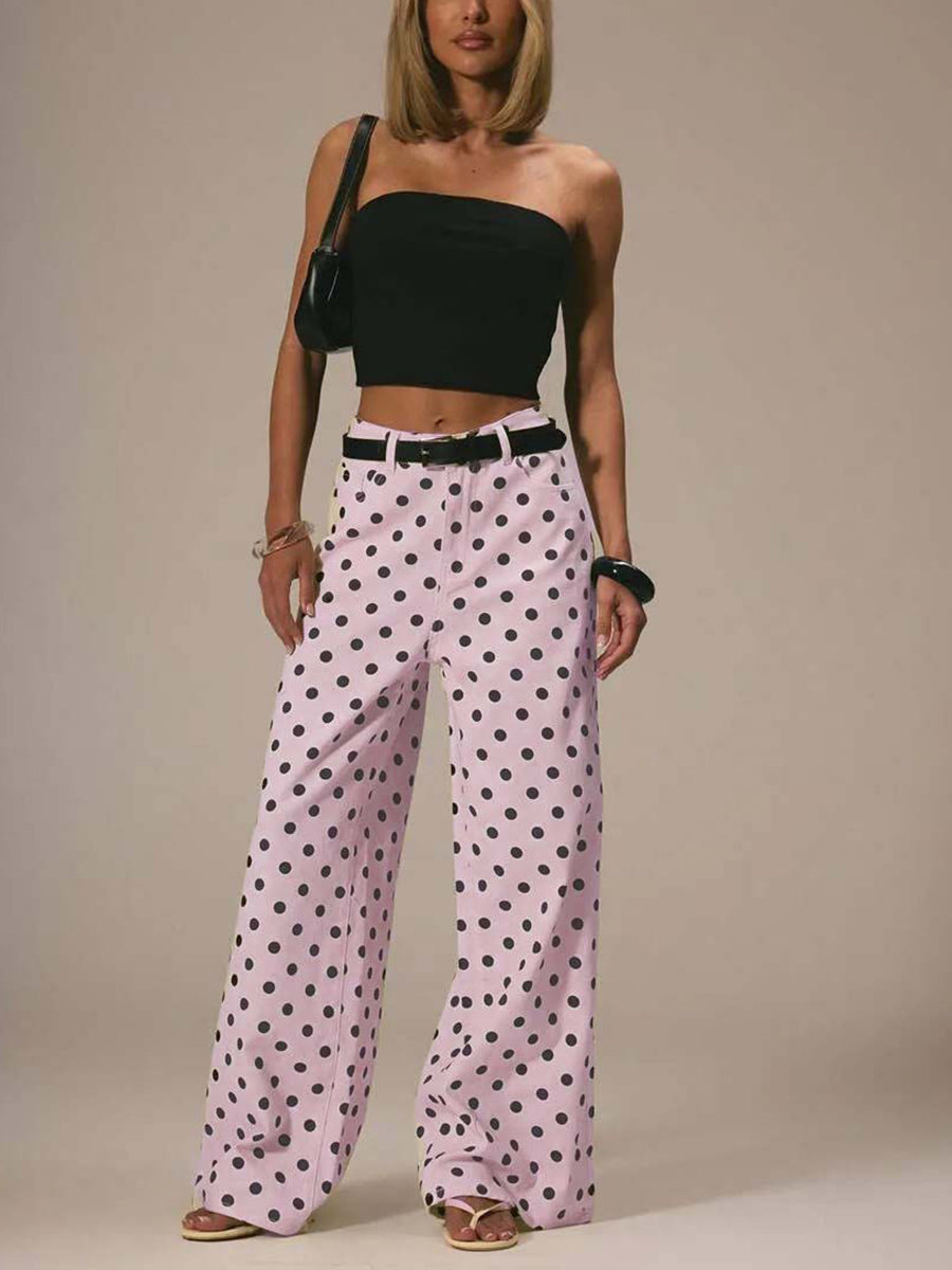 Polka Dot Wide-Leg High-Waist Button-Detail Belt