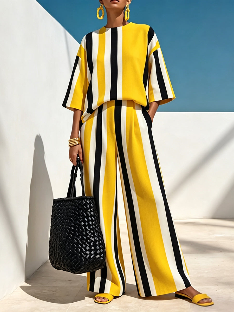 Striped Wide-Leg Pocket Elastic Pants