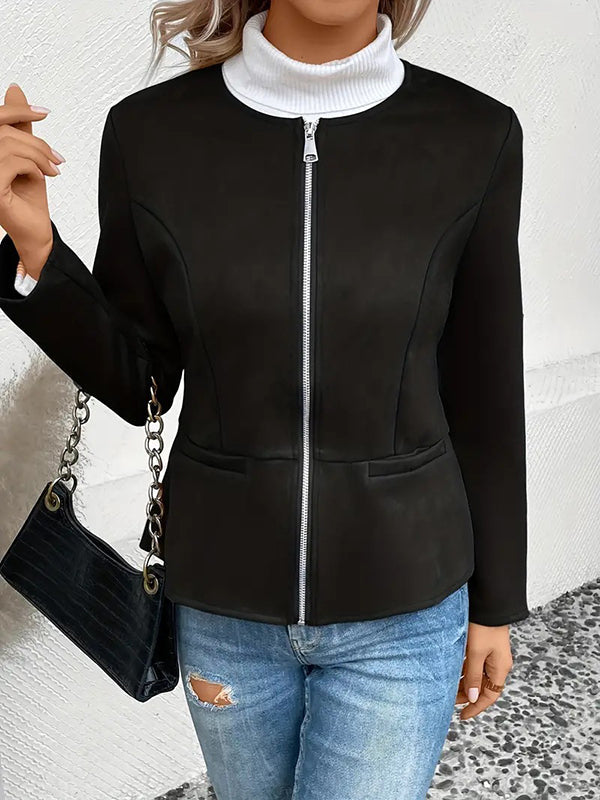 Round-Neck Zip Pocket Long-Sleeve Jacket