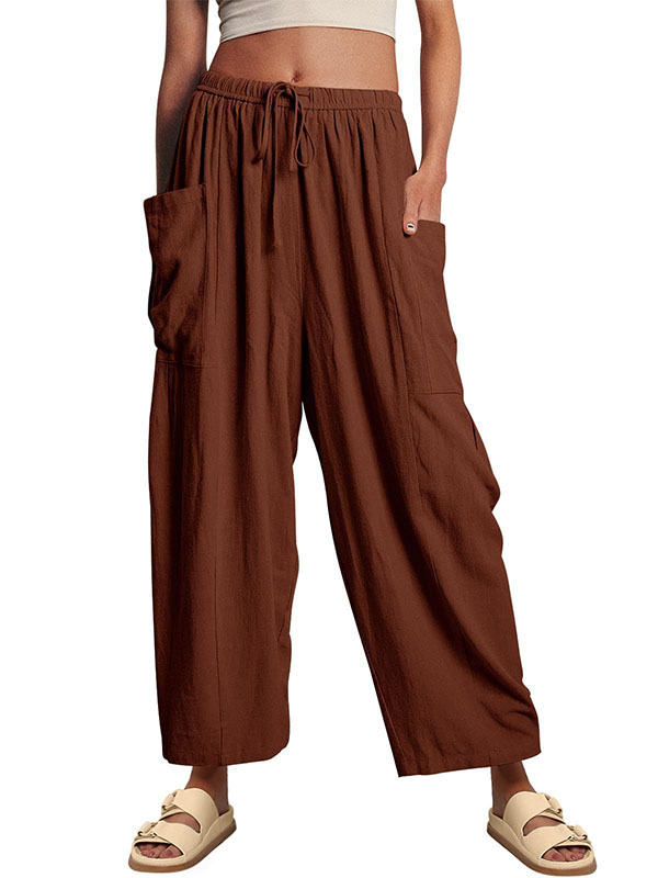 High-Waist Pleated Drawstring Pocket Pants