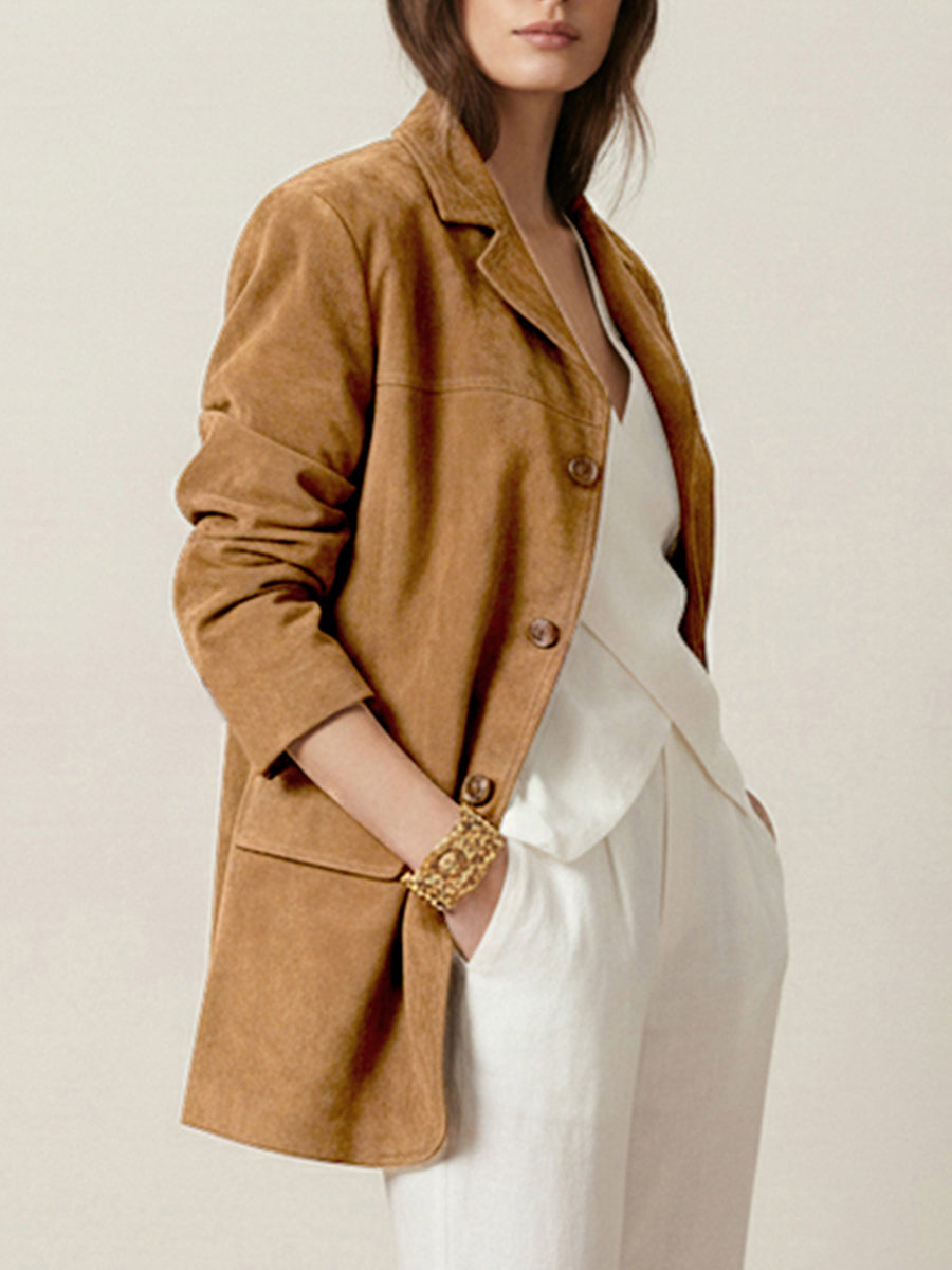 Notch-Collar Button-Detail Long-Sleeve Relaxed Blazer