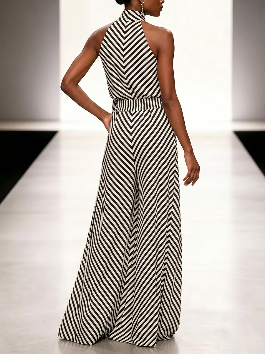 Striped High-Waist Buckle Elastic Pants