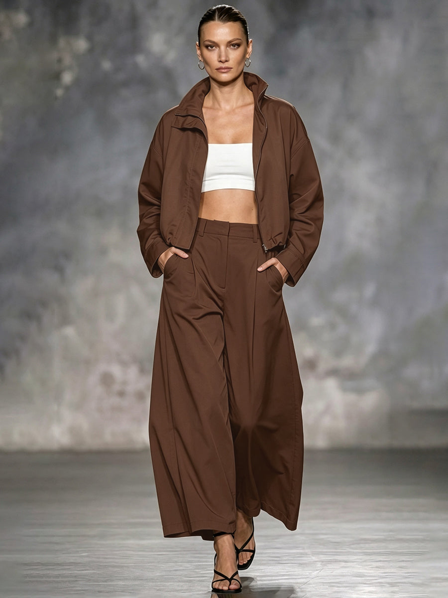 Stand-Collar Zip Long-Sleeve Relaxed Jacket