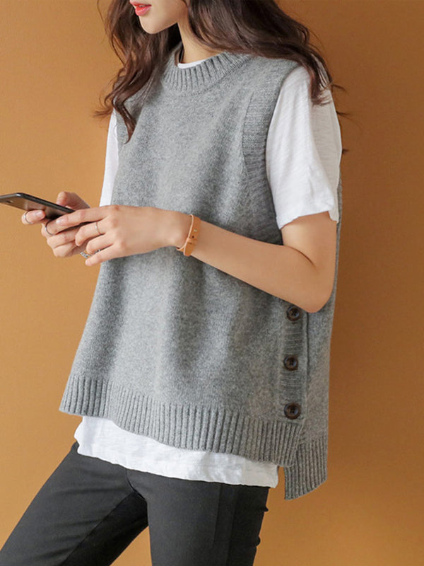 Round-Neck Button-Detail Sleeveless Relaxed Vest