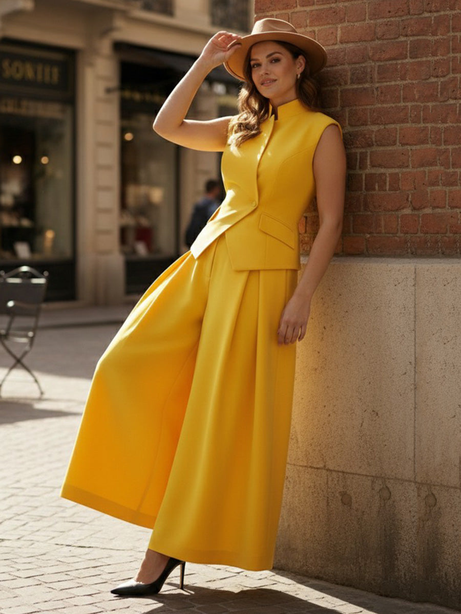 High-Waist Stand-Collar Asymmetric Button-Detail Tank Top