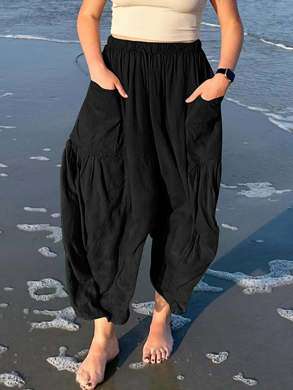 High-Waist Pleated Drawstring Pocket Pants