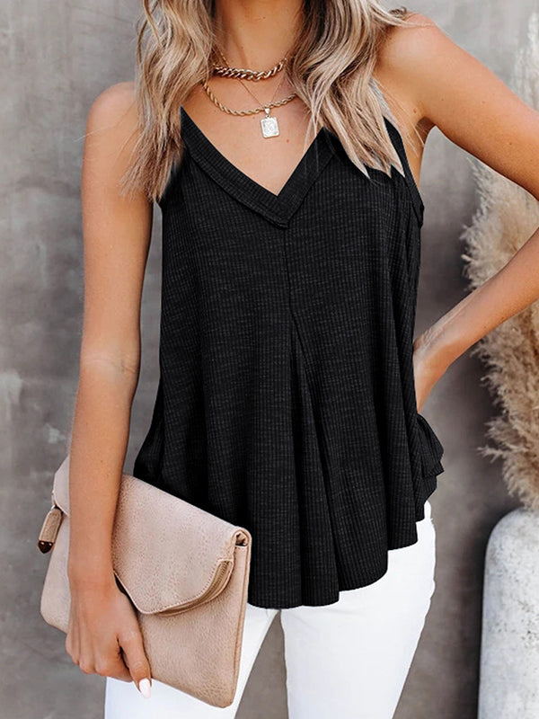 V-Neck Pleated Sleeveless Relaxed Vest