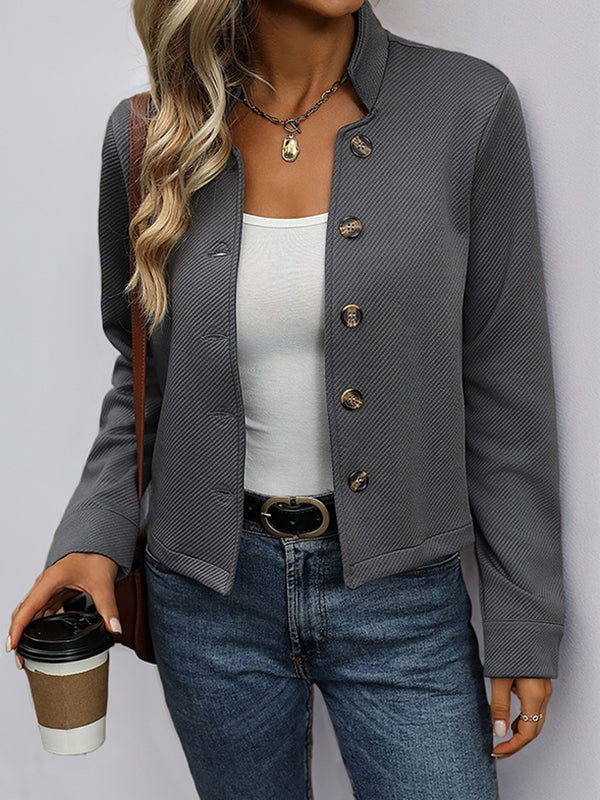 Stand-Collar Button-Detail Long-Sleeve Relaxed Jacket