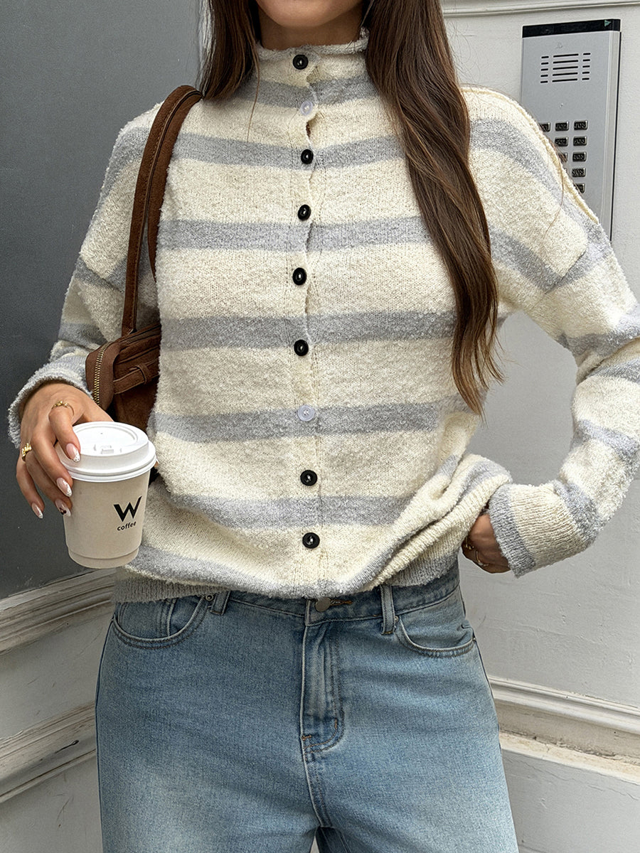 Striped Button-Detail Long-Sleeve Contrast Cardigan