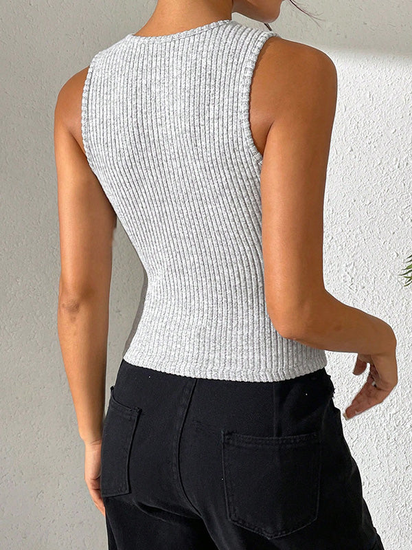 Round-Neck Button-Detail Sleeveless Vest