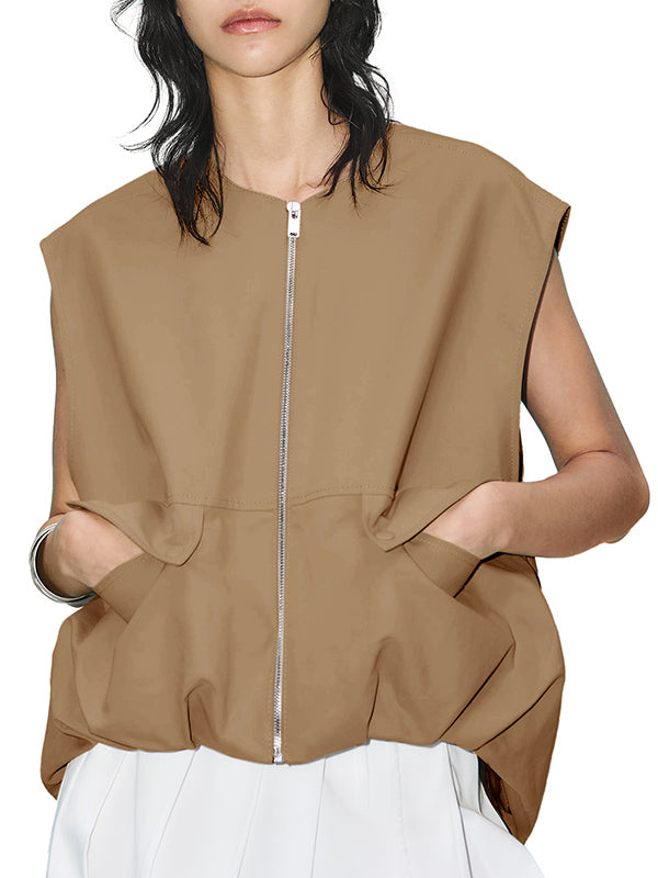 Round-Neck Zip Pocket Sleeveless Vest