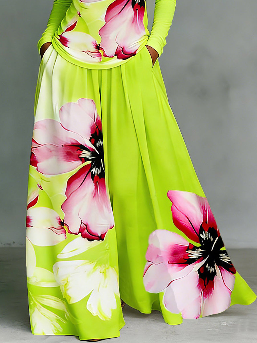 Floral High-Waist Pleated Pocket Pants