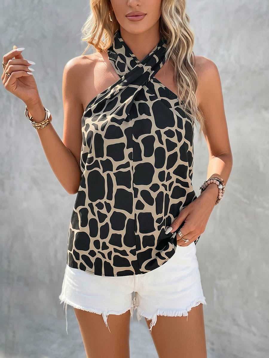 Leopard Print Halter-Neck Sleeveless Contrast Tank Top