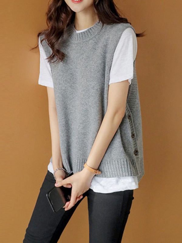 Round-Neck Button-Detail Sleeveless Relaxed Vest
